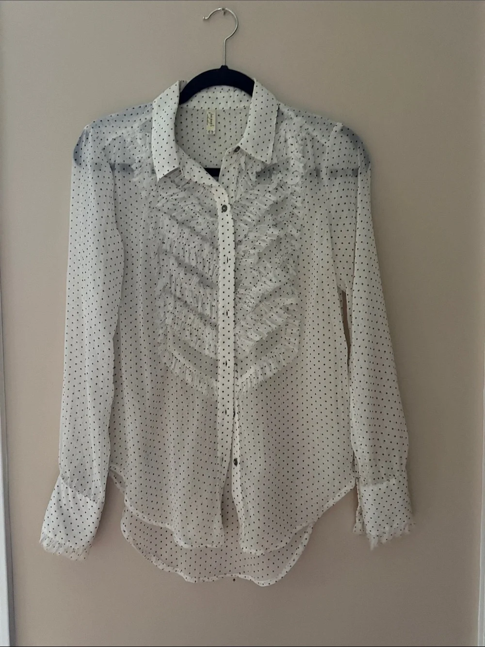 Free People White Polka Dot Ruffle Button-Down sheer Shirt